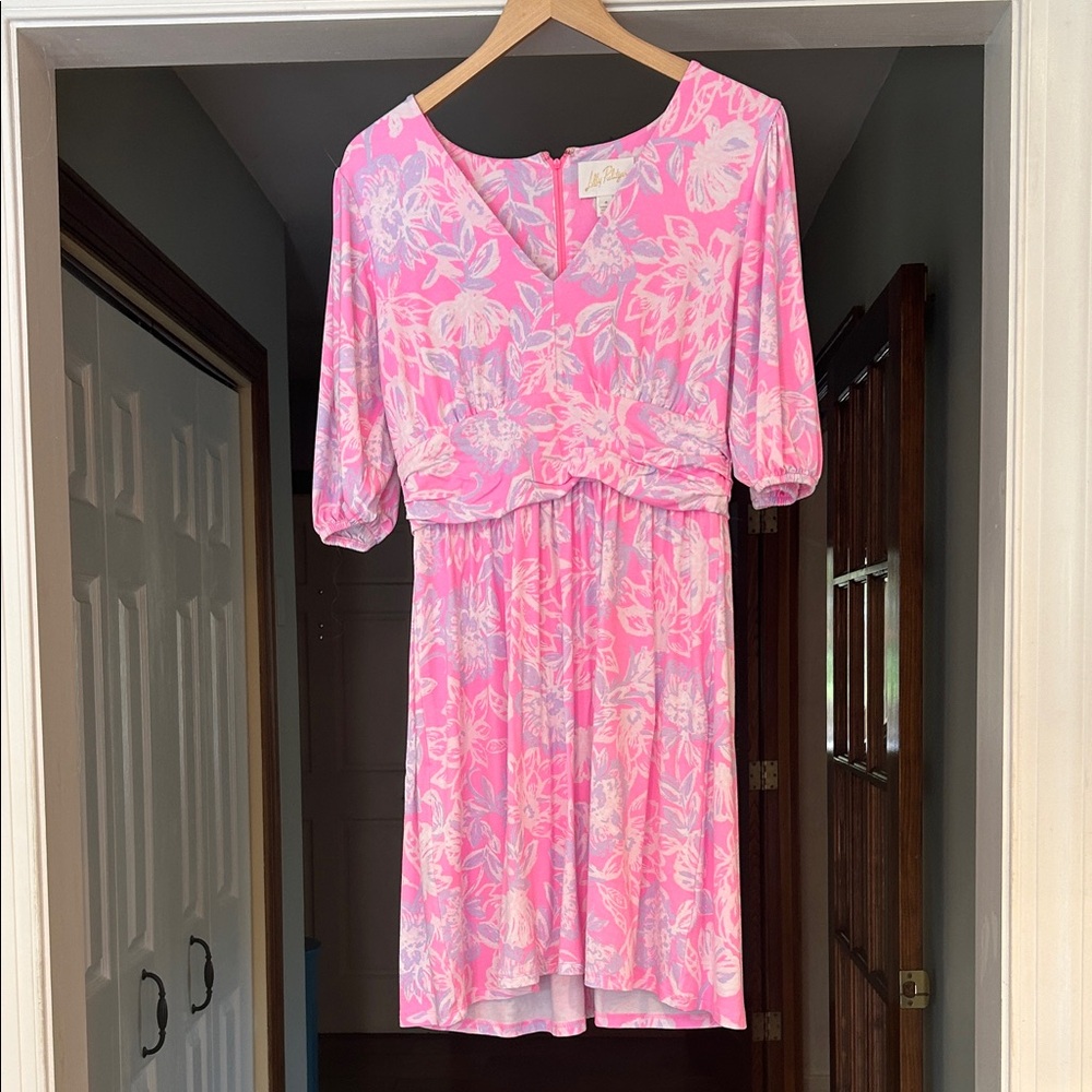 Lilly Pulitzer Lightweight V Neck Elbow Puff Sleeve Dress Pink Print Size 8